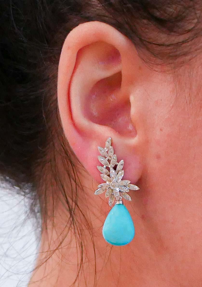 Turquoise, Diamonds, Platinum and 14 Kt White Gold Earrings. In Good Condition For Sale In Marcianise, Marcianise (CE)