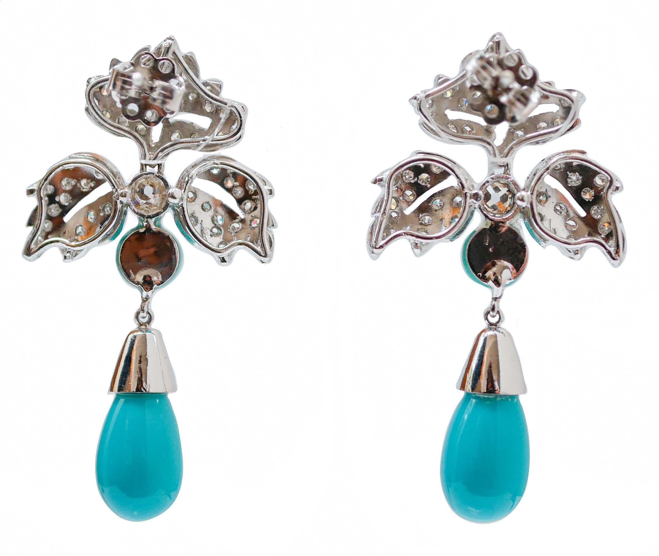Rétro Turquoise, diamants, platine Boucles d'oreilles pendantes. en vente
