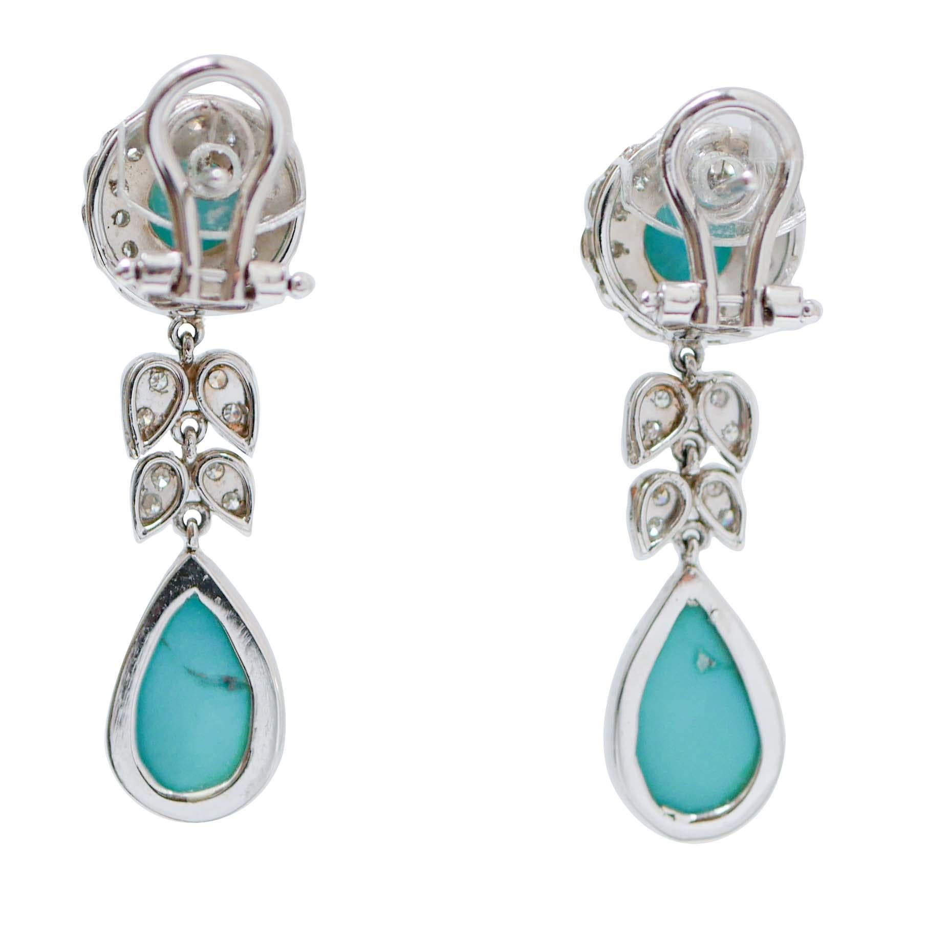 Retro Turquoise, Diamonds, Platinum Dangle Earrings For Sale