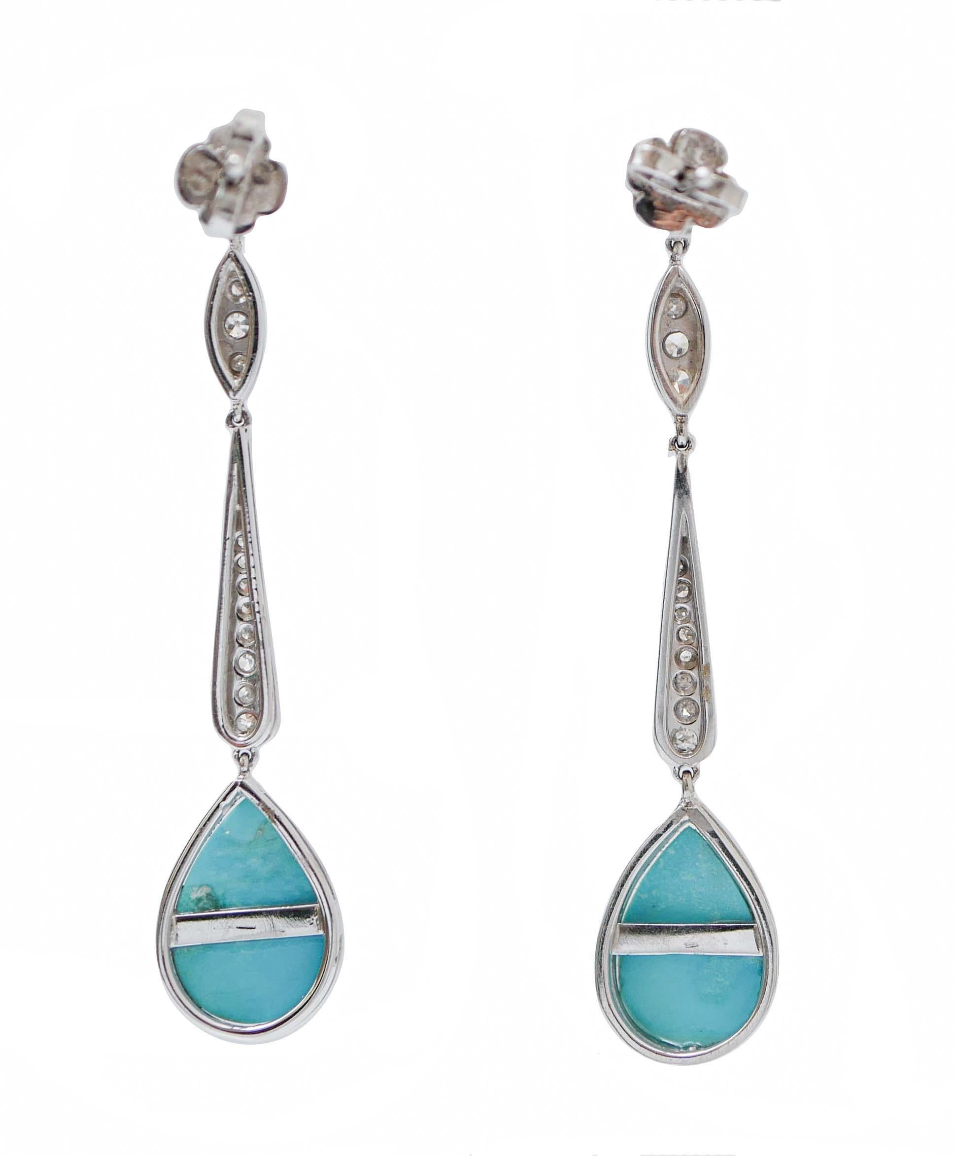 Rétro Turquoise, diamants, platine Boucles d'oreilles pendantes. en vente