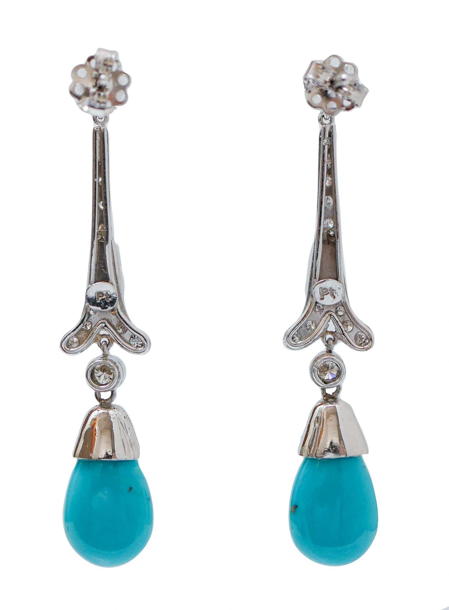 Retro Turquoise, Diamonds, Platinum Dangle Earrings. For Sale