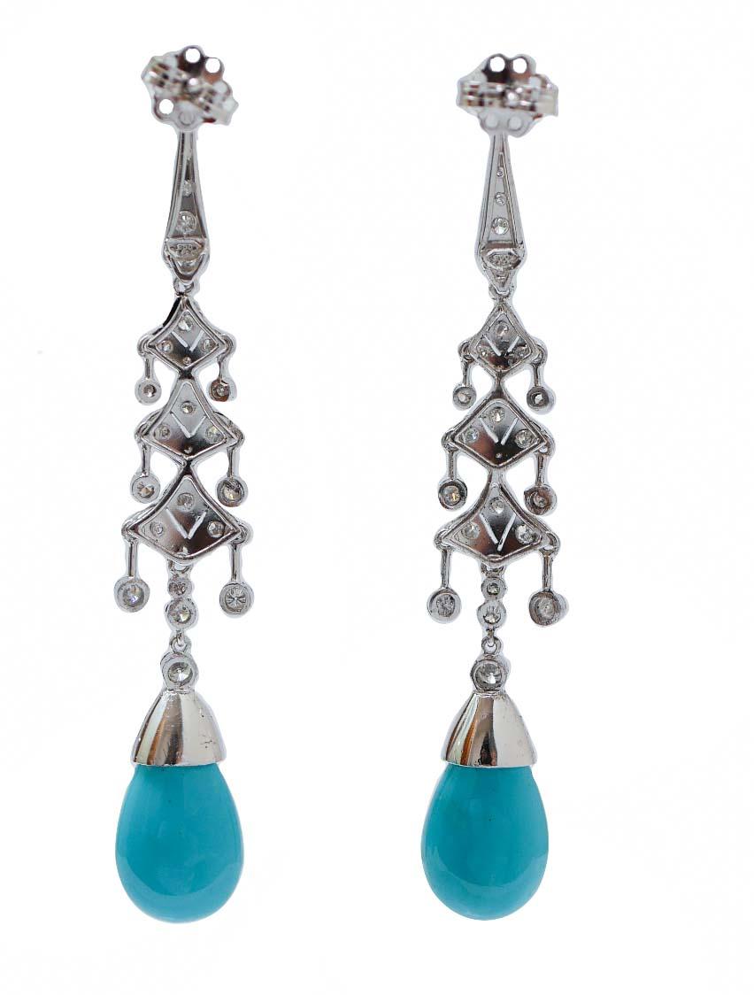 Retro Turquoise, Diamonds, Platinum Dangle Earrings.