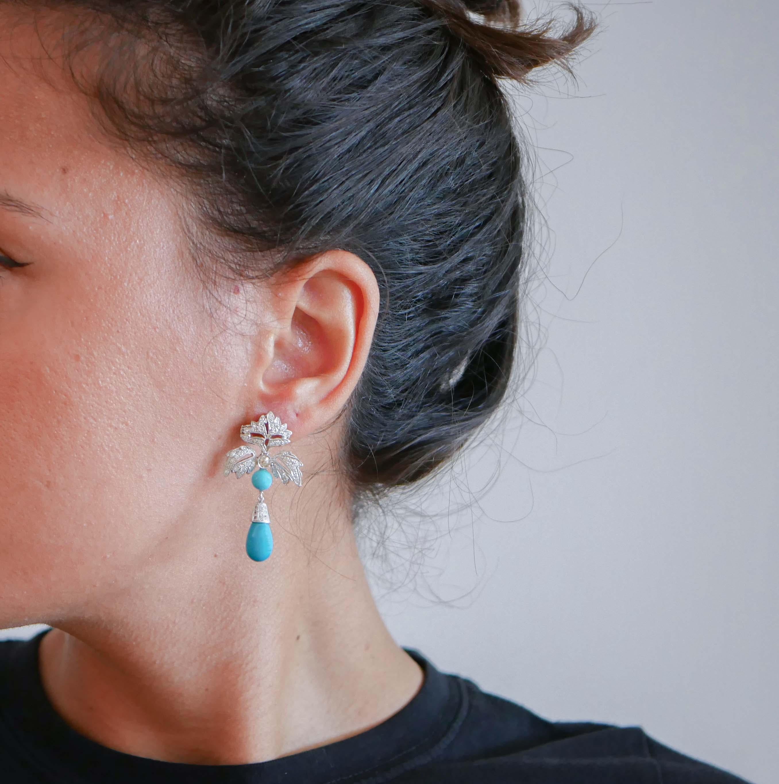 Taille mixte Turquoise, diamants, platine Boucles d'oreilles pendantes. en vente