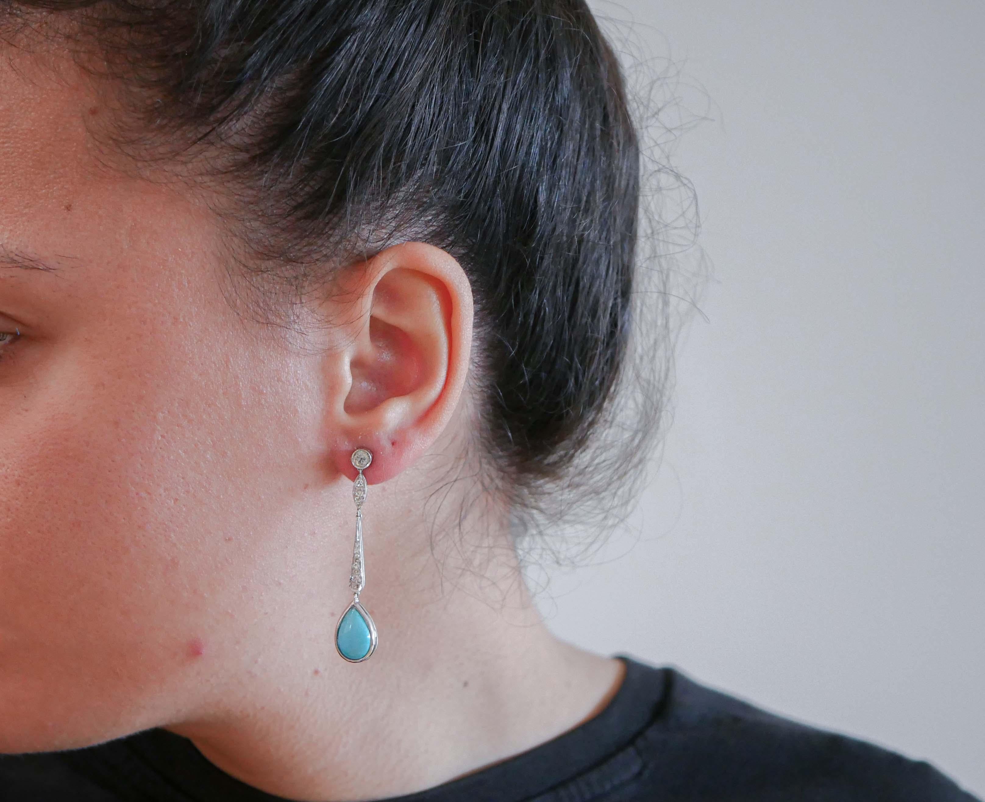 Taille mixte Turquoise, diamants, platine Boucles d'oreilles pendantes. en vente