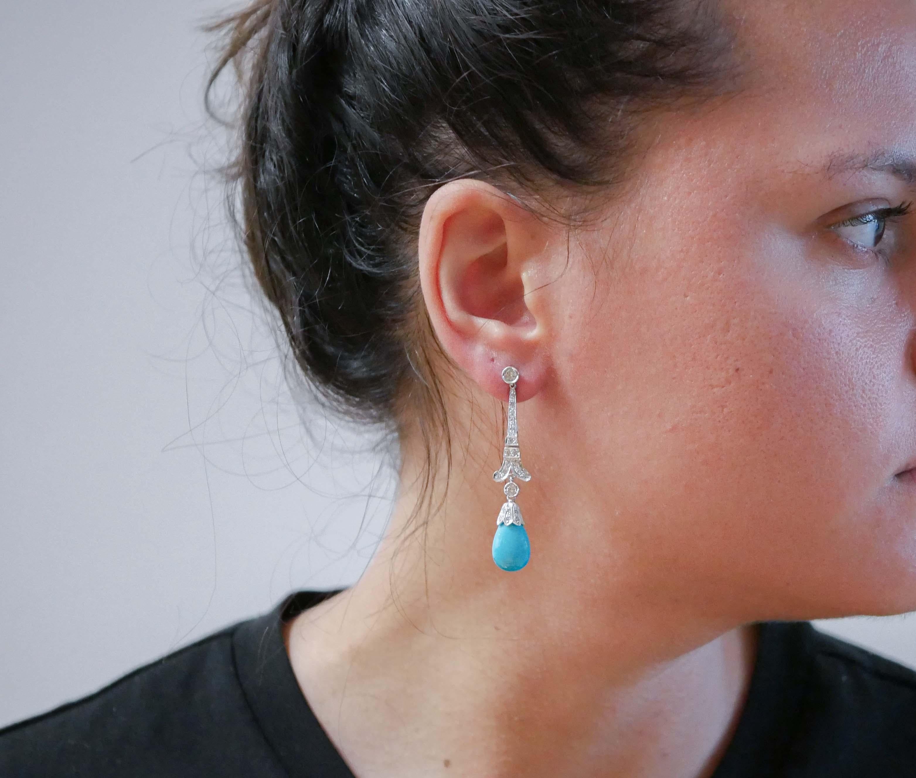 Taille mixte Turquoise, diamants, platine Boucles d'oreilles pendantes. en vente