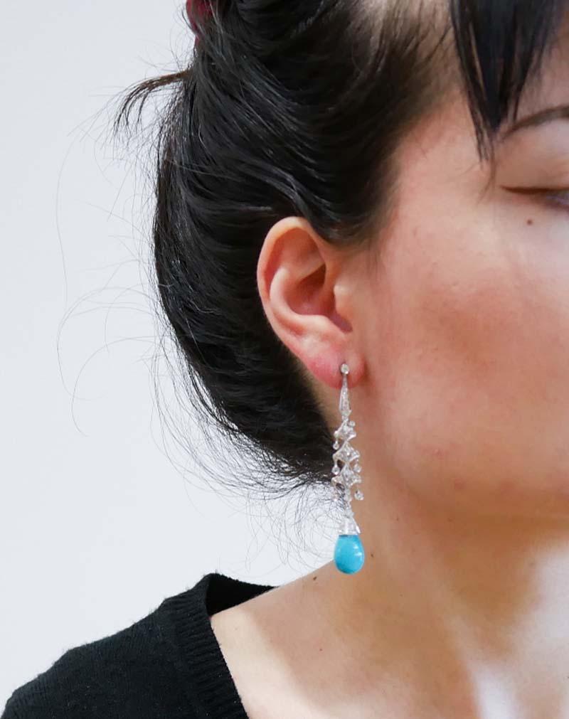 Mixed Cut Turquoise, Diamonds, Platinum Dangle Earrings.