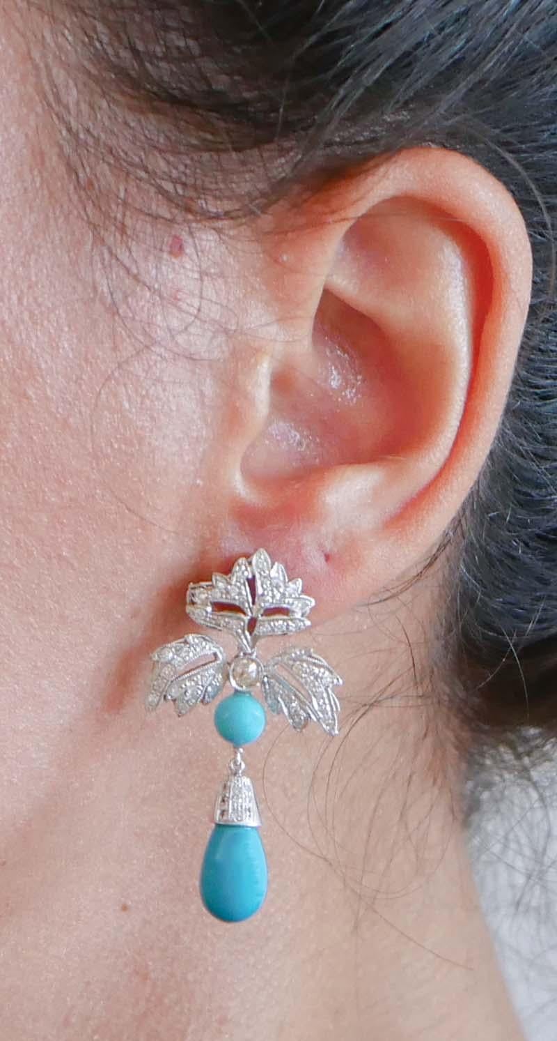 Turquoise, Diamonds, Platinum Dangle Earrings. In Good Condition For Sale In Marcianise, Marcianise (CE)