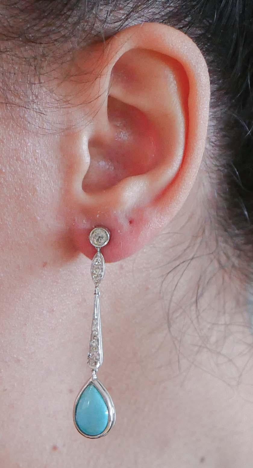 Turquoise, diamants, platine Boucles d'oreilles pendantes. Bon état - En vente à Marcianise, Marcianise (CE)