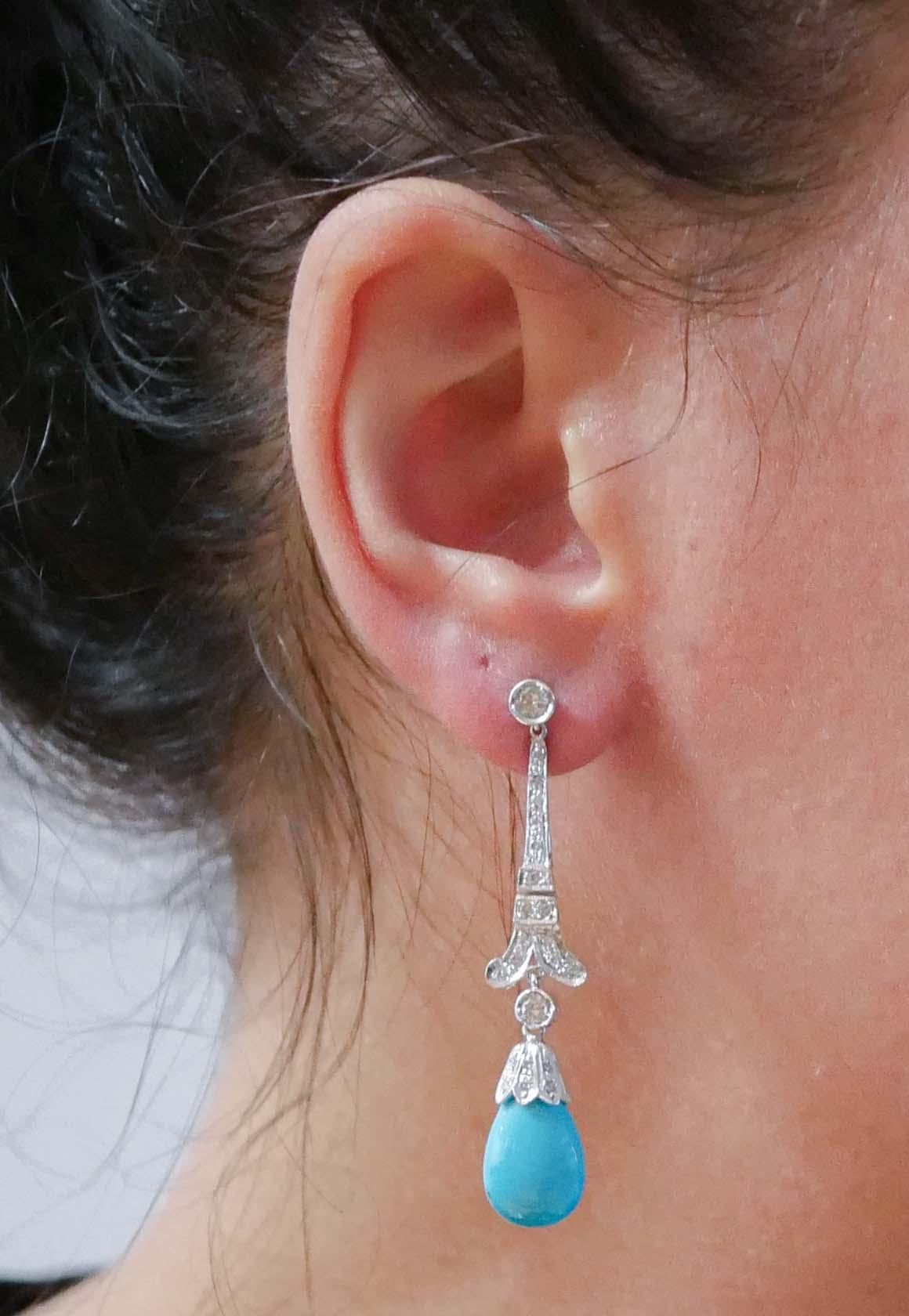 Turquoise, diamants, platine Boucles d'oreilles pendantes. Bon état - En vente à Marcianise, Marcianise (CE)