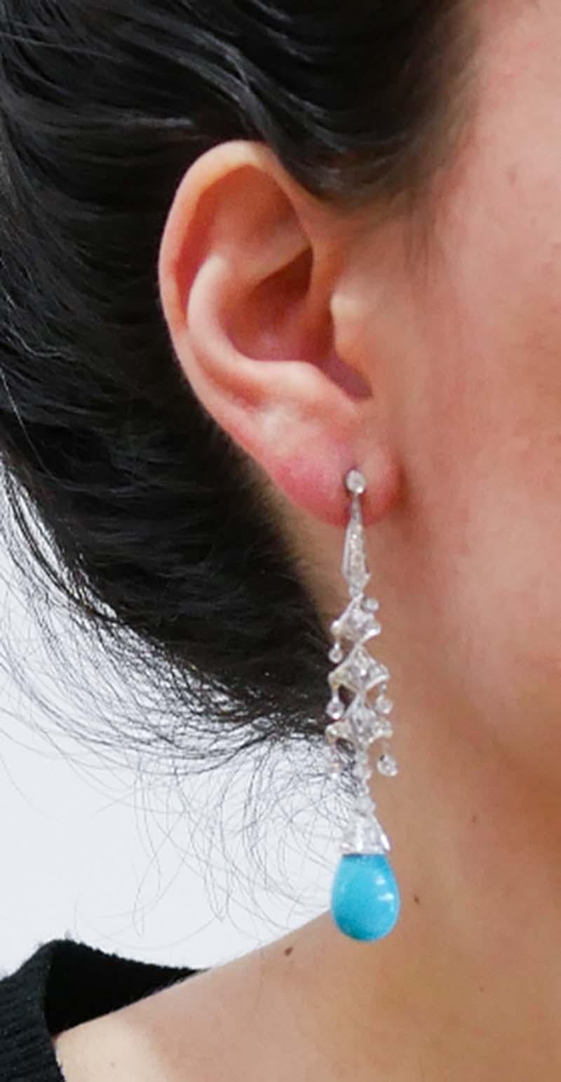 Turquoise, Diamonds, Platinum Dangle Earrings. In Good Condition In Marcianise, Marcianise (CE)