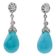 Turquoise, Diamonds, Platinum Earrings.