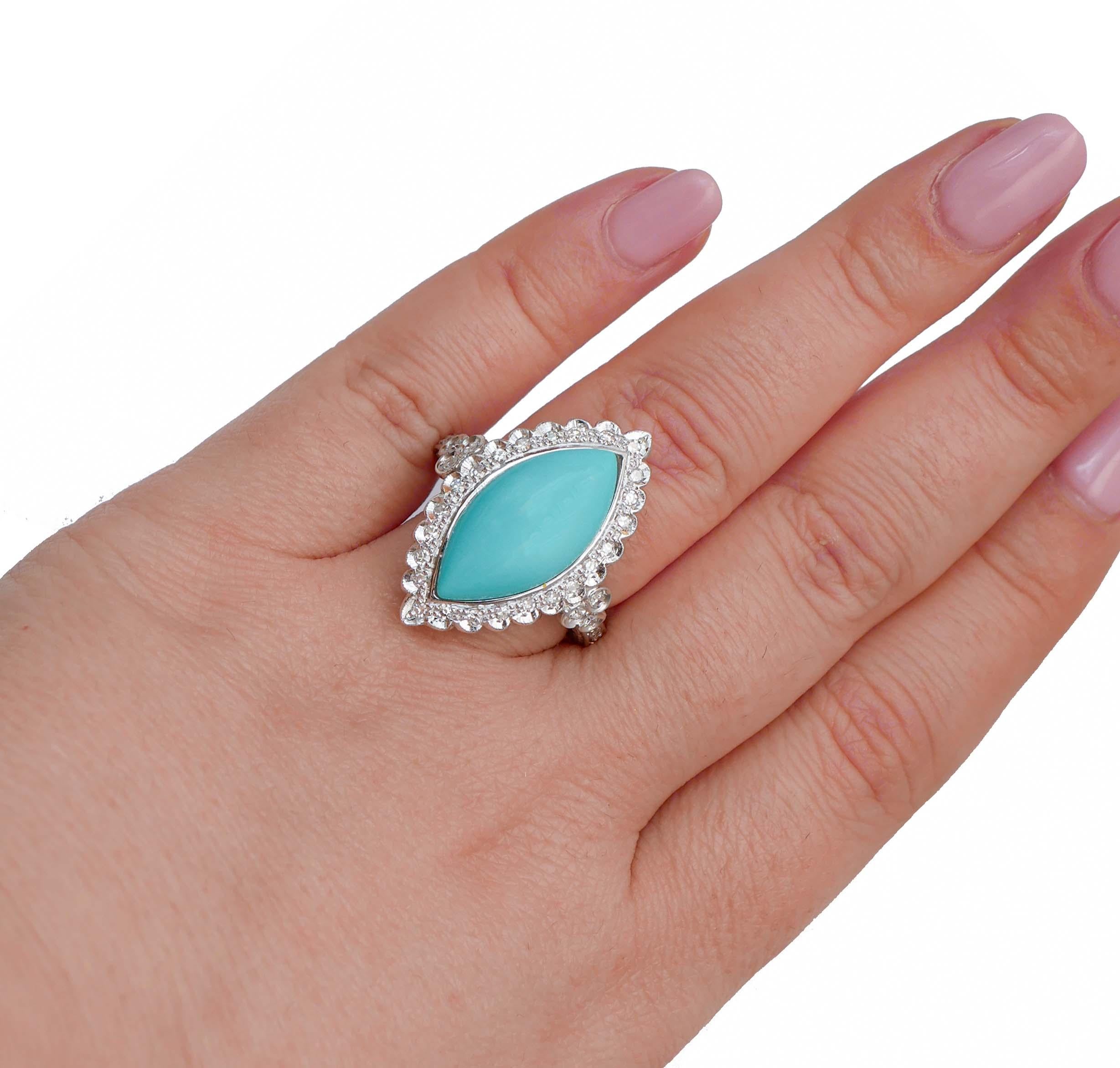 Turquoise, Diamonds, Platinum Retrò Ring. In Good Condition For Sale In Marcianise, Marcianise (CE)