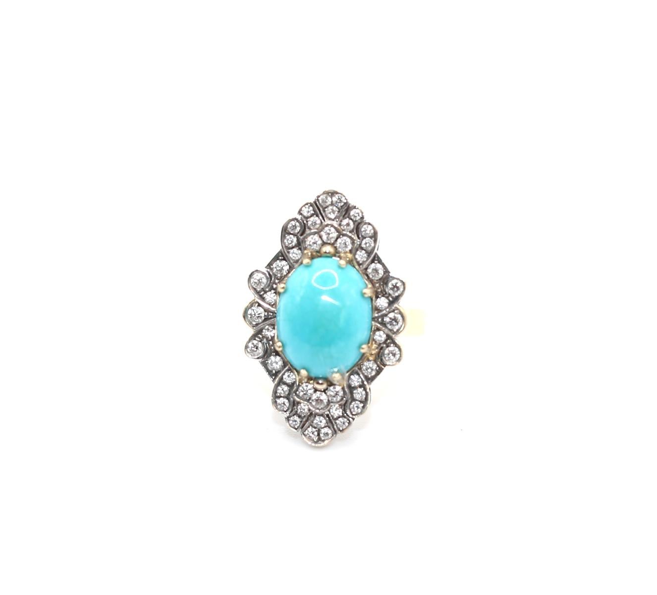 Turquoise Diamonds Ring, 1970 In Good Condition For Sale In Herzelia, Tel Aviv