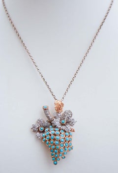 Turquoise, Diamonds, Rose Gold and Silver Bunch Pendant.
