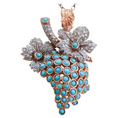 Turquoise, Diamonds, Rose Gold and Silver Bunch Pendant.