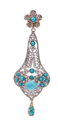 Turquoise, Diamonds, Rose Gold and Silver Earrings.