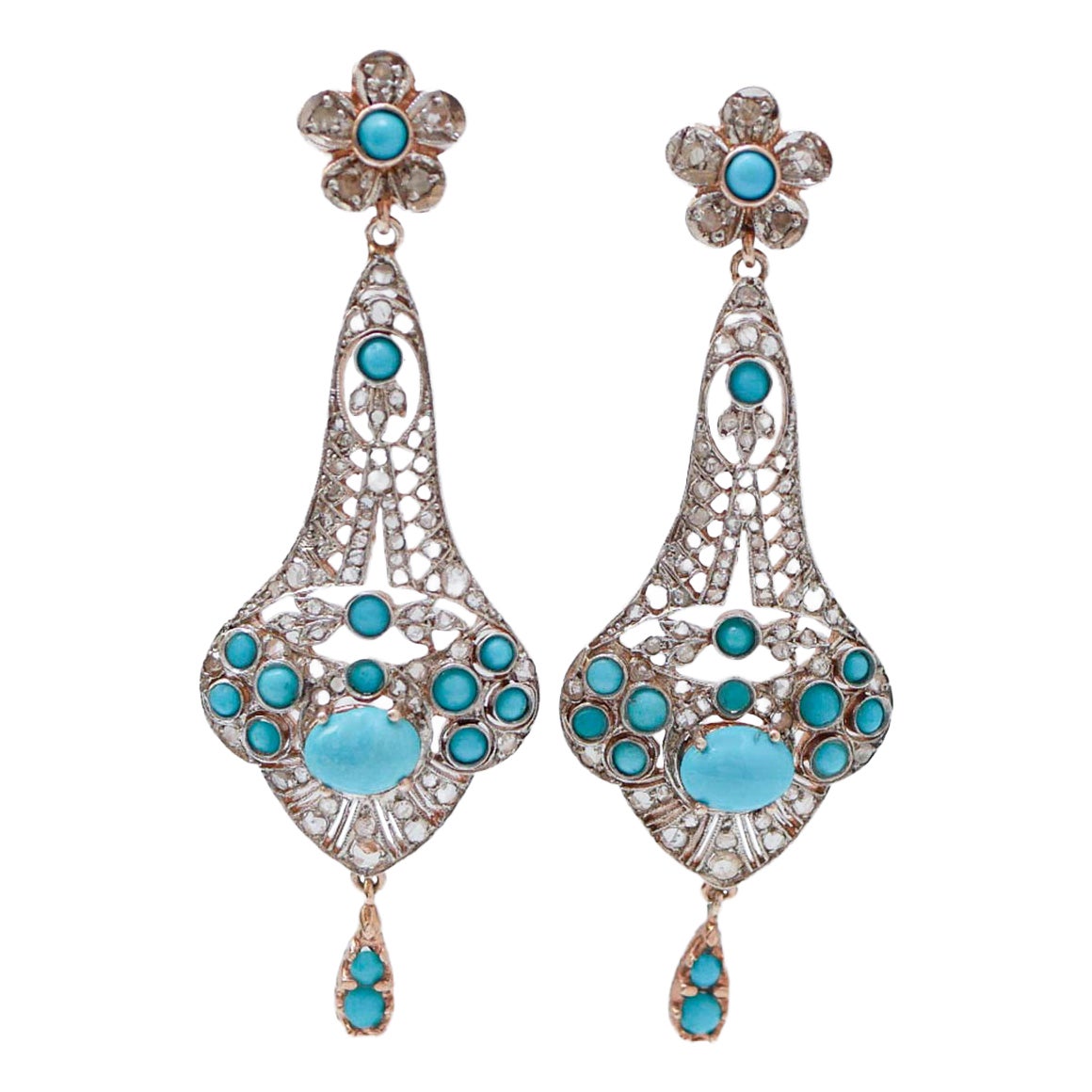Turquoise, Diamonds, Rose Gold and Silver Earrings.