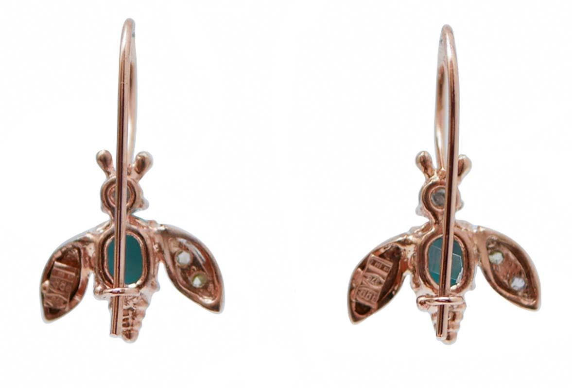 Pendientes Mosca de Turquesa, Diamantes, Oro Rosa y Plata. Retro en venta