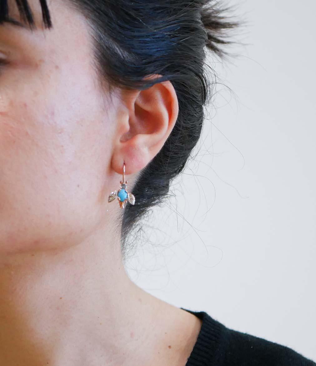 Pendientes Mosca de Turquesa, Diamantes, Oro Rosa y Plata. Corte mixto en venta