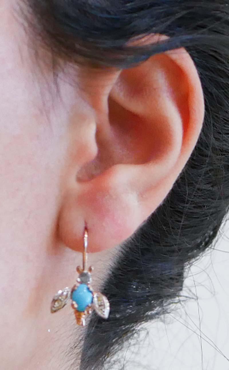 Pendientes Mosca de Turquesa, Diamantes, Oro Rosa y Plata. en Bueno estado para la venta en Marcianise, Marcianise (CE)