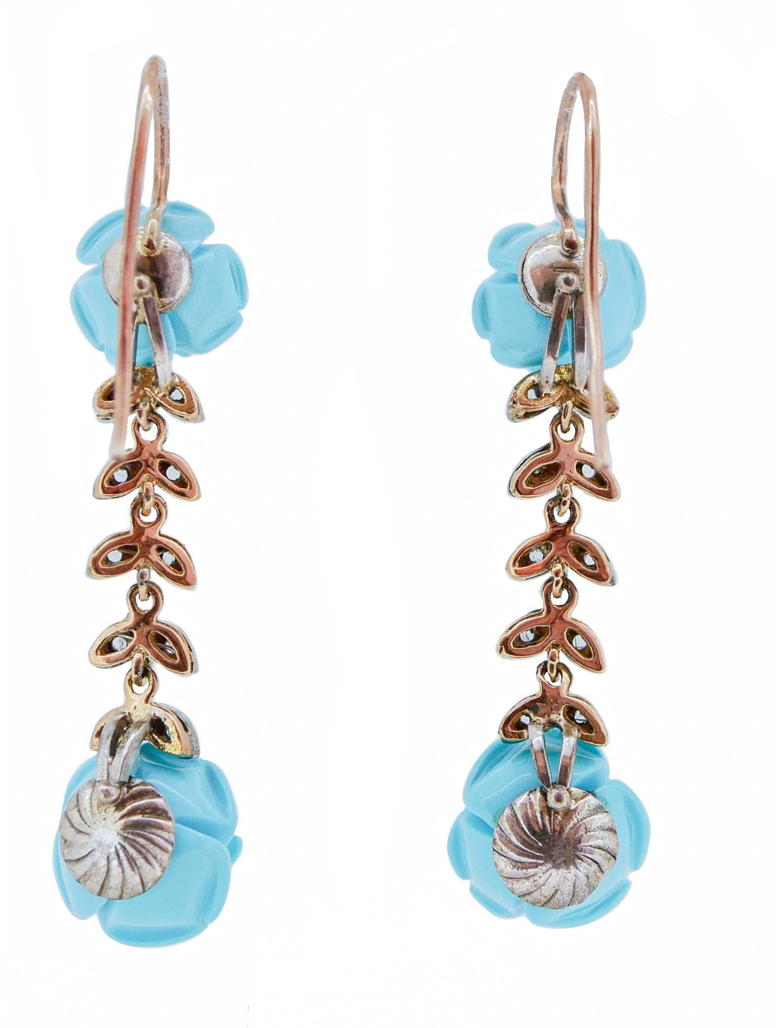 Retro Turquoise, Diamonds, Rose Gold and Silver Retrò Earrings. For Sale