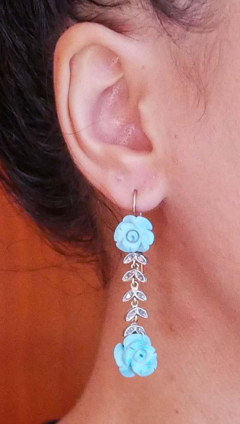 Turquoise, Diamonds, Rose Gold and Silver Retrò Earrings. In Good Condition For Sale In Marcianise, Marcianise (CE)