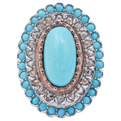 Turquoise, Diamonds, Rose Gold and Silver Retrò Ring Vintage Turquoise, Diamonds, Rose Gold and Silver Retrò Ring