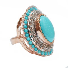 Turquoise, Diamonds, Rose Gold and Silver Ring.