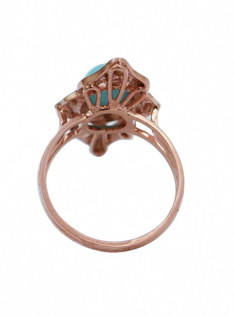 Retro Turquoise, Diamonds, Rose Gold and Silver Ring. For Sale
