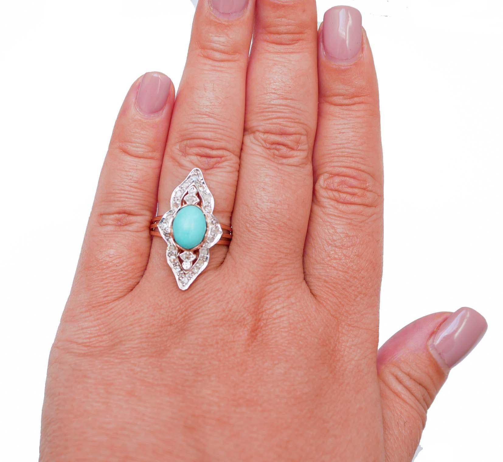 Mixed Cut Turquoise, Diamonds, Rose Gold and Silver Ring. For Sale