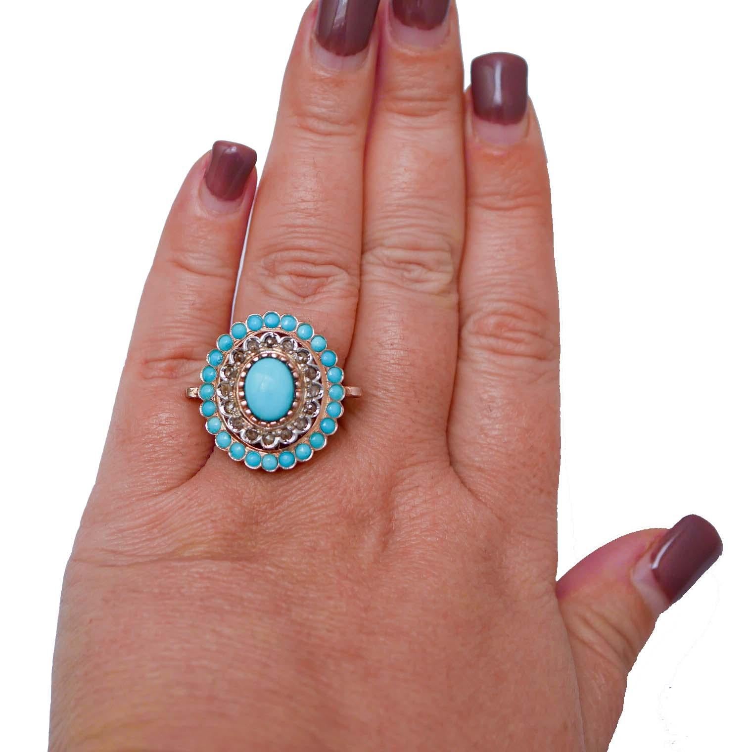 Türkis, Diamanten, Roségold und Silberring. (Gemischter Schliff) im Angebot