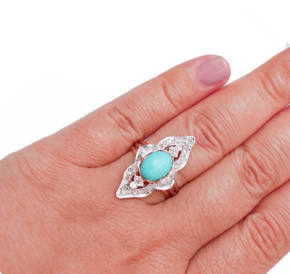 Turquoise, Diamonds, Rose Gold and Silver Ring. In Good Condition For Sale In Marcianise, Marcianise (CE)