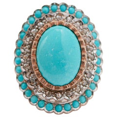 Turquoise, Diamonds, Rose Gold and Silver Ring.