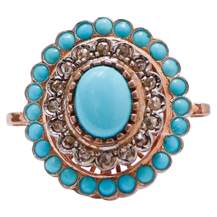 Anello con turchese, diamanti, oro rosa e argento.