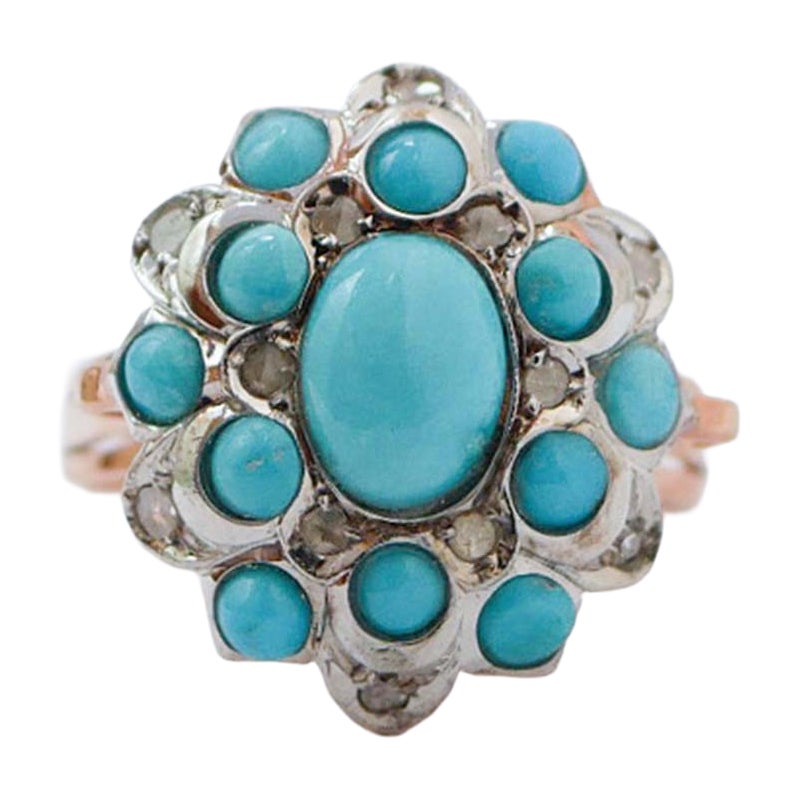 Turquoise, Diamonds, Rose Gold and Silver Ring. en venta