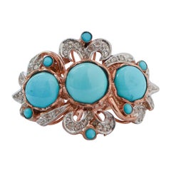 Turquoise, Diamonds, Rose Gold and Silver Ring.