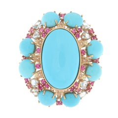 Turquoise Diamonds Rubies Aquamarine 14 Karat Yellow Gold Cocktail Ring