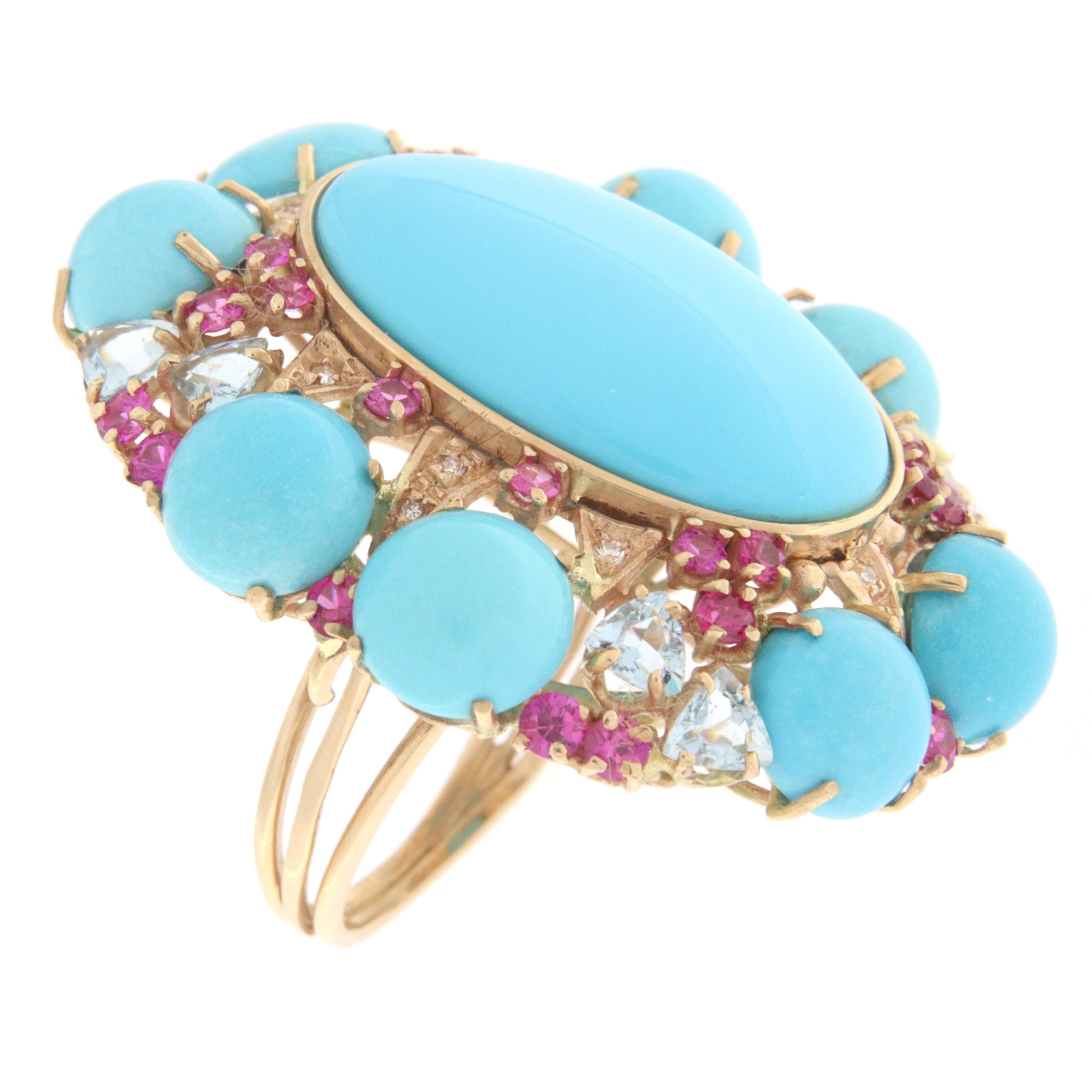 Turquoise Diamonds Rubies Aquamarine 14 Karat Yellow Gold Cocktail Ring In New Condition For Sale In Marcianise, IT