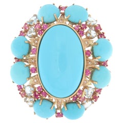 Türkis Diamanten Rubine Aquamarin 14 Karat Gelbgold Cocktail-Ring