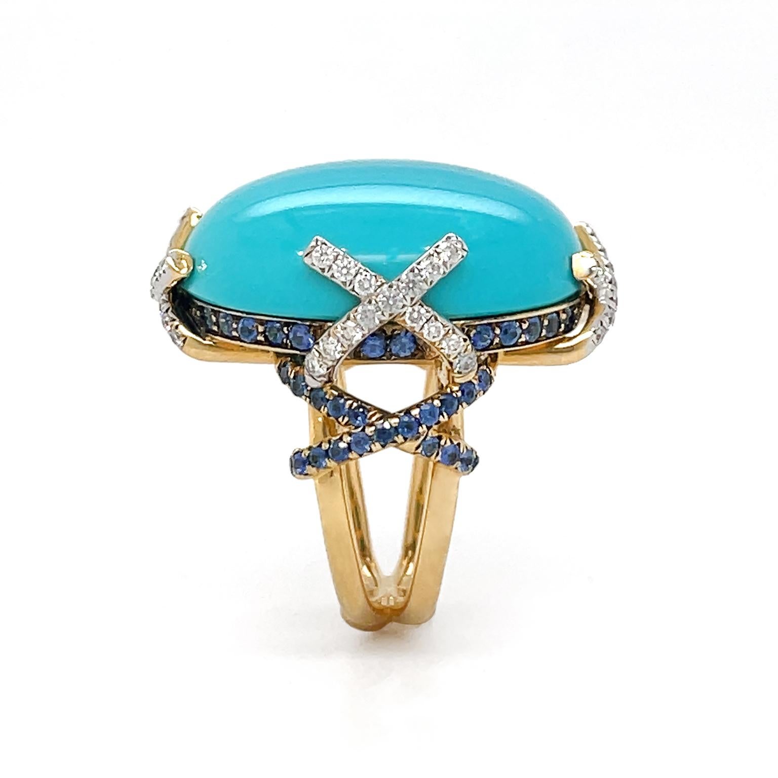 Oval Cut Turquoise, Diamonds & Sapphire X Motif Ring For Sale
