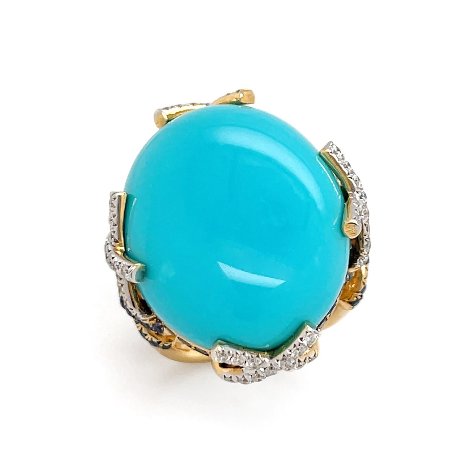 Turquoise, Diamonds & Sapphire X Motif Ring In New Condition For Sale In New York, NY