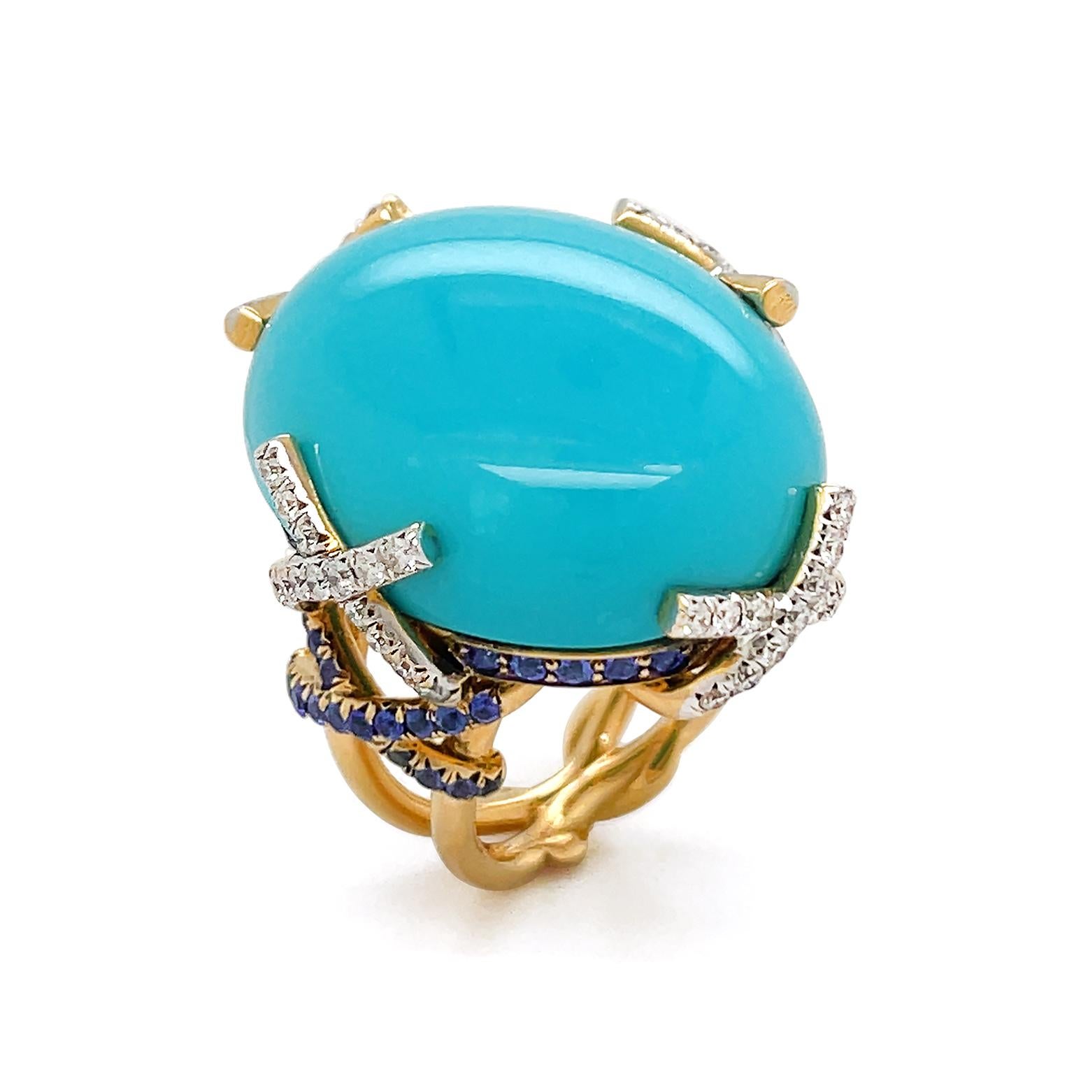 Bague à motif X en turquoise, diamants et saphir Pour femmes en vente