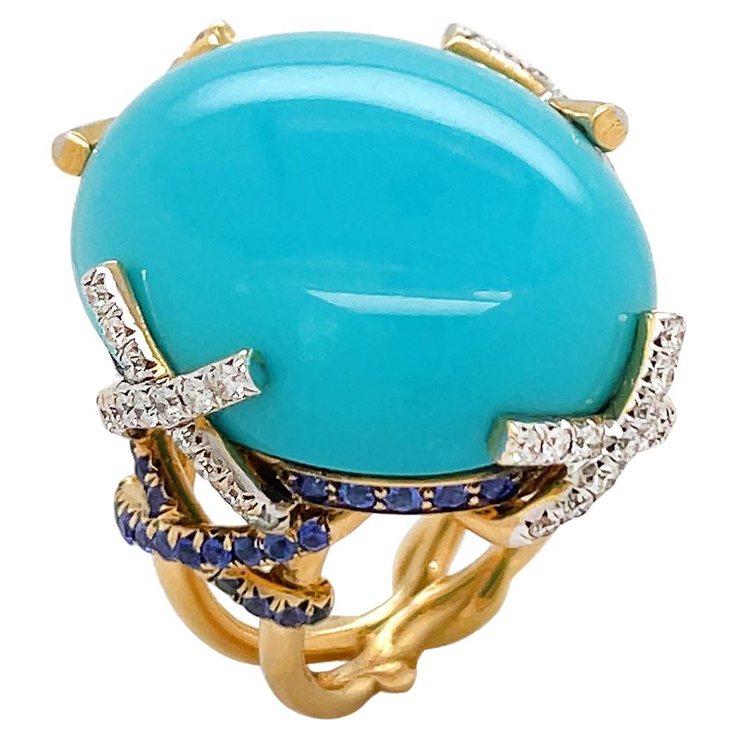 Turquoise, Diamonds & Sapphire X Motif Ring For Sale