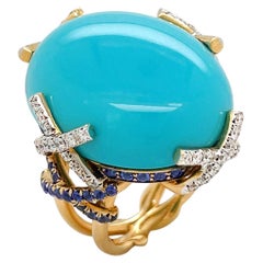 Turquoise, Diamonds & Sapphire X Motif Ring