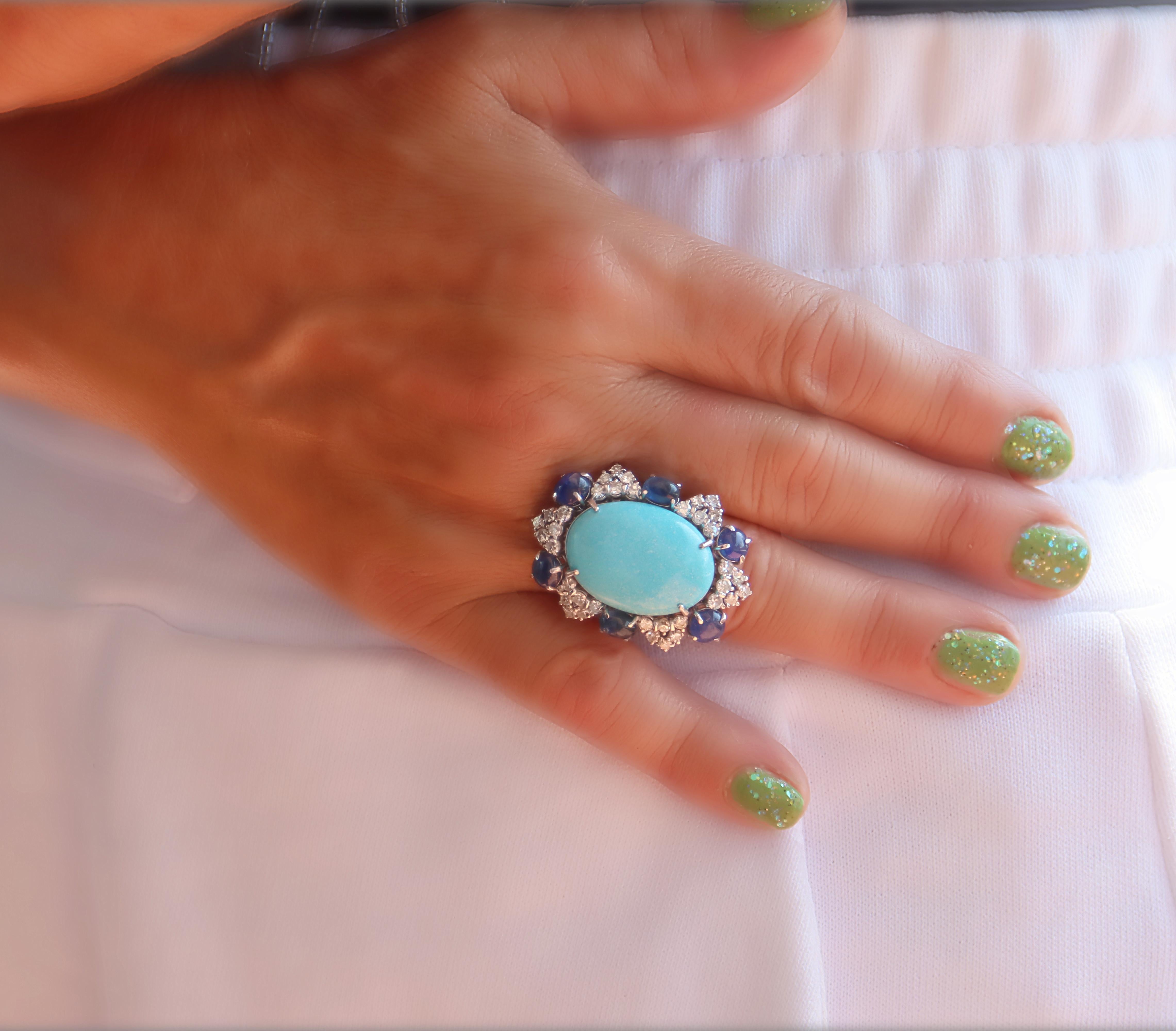 Turquoise Diamonds Sapphires 18 Karat White Gold Cocktail Ring For Sale 2