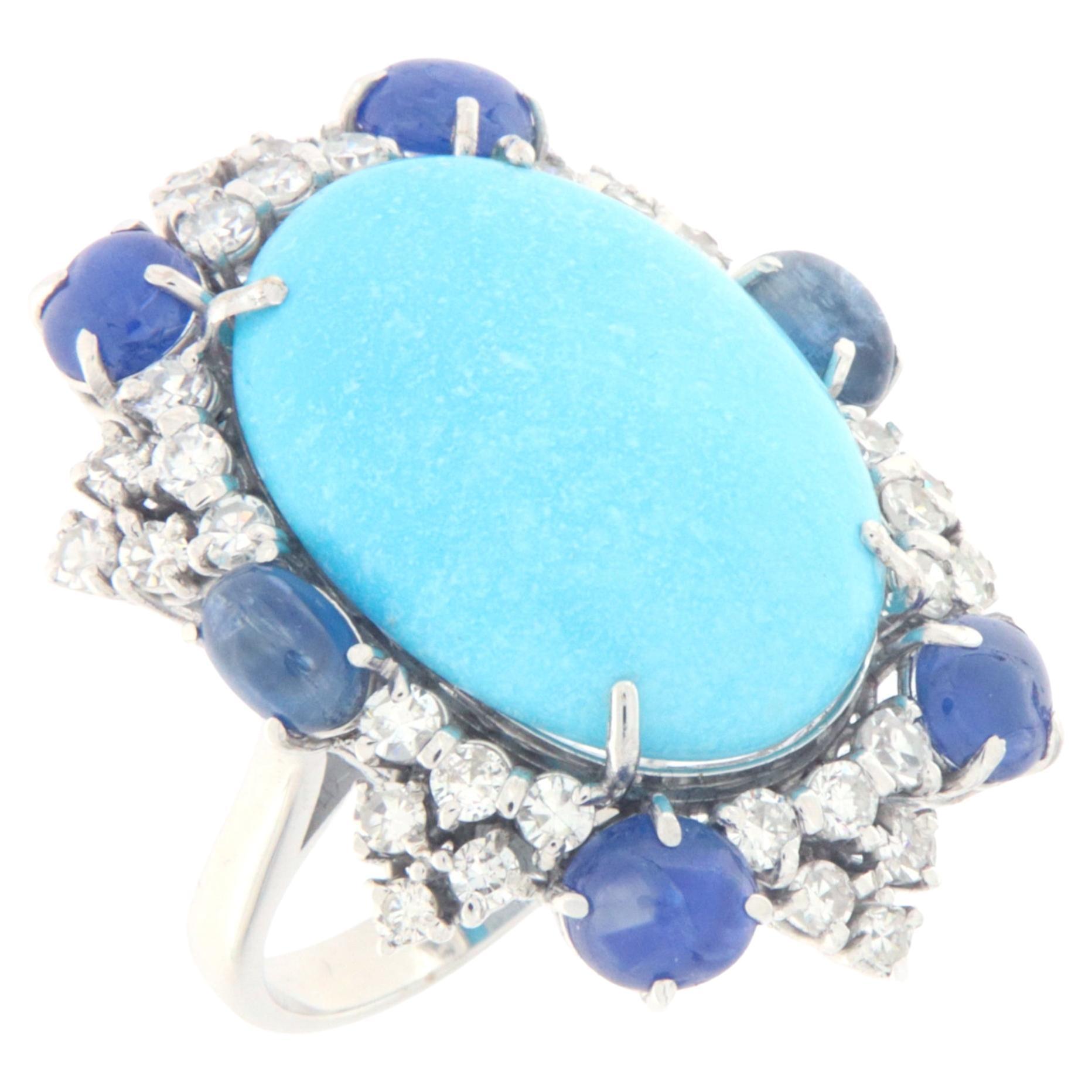 Turquoise Diamonds Sapphires 18 Karat White Gold Cocktail Ring For Sale