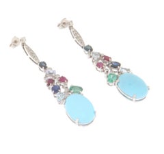 Turquoise Diamonds Sapphires Emeralds Rubies 18 Karat White Gold Drop Earrings
