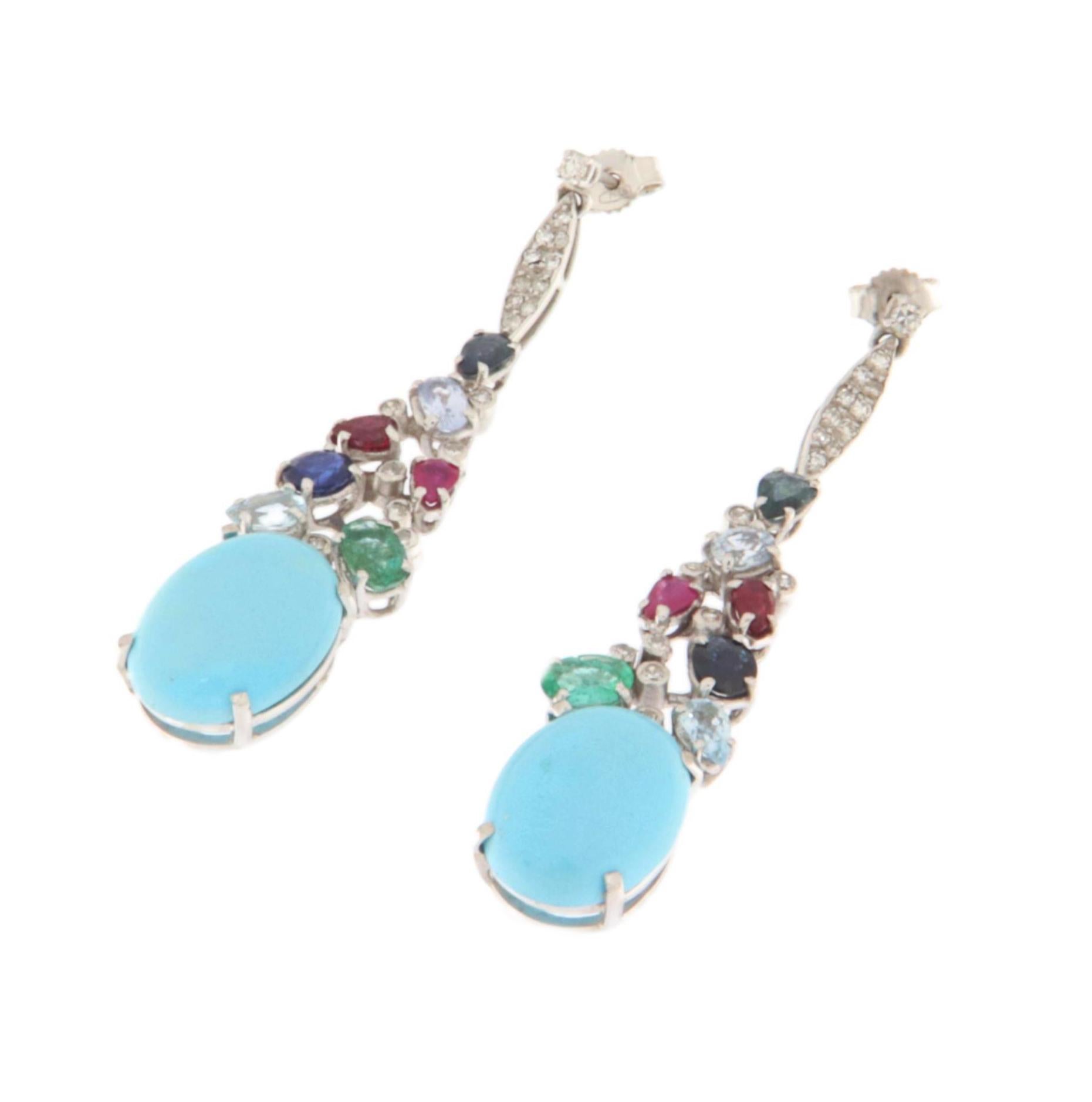 Artisan Turquoise Diamonds Sapphires Emeralds Rubies 18 Karat White Gold Drop Earrings For Sale