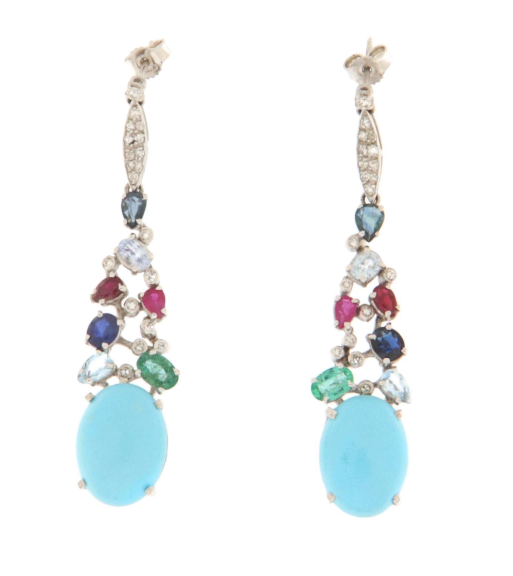 Turquoise Diamonds Sapphires Emeralds Rubies 18 Karat White Gold Drop Earrings In New Condition For Sale In Marcianise, IT