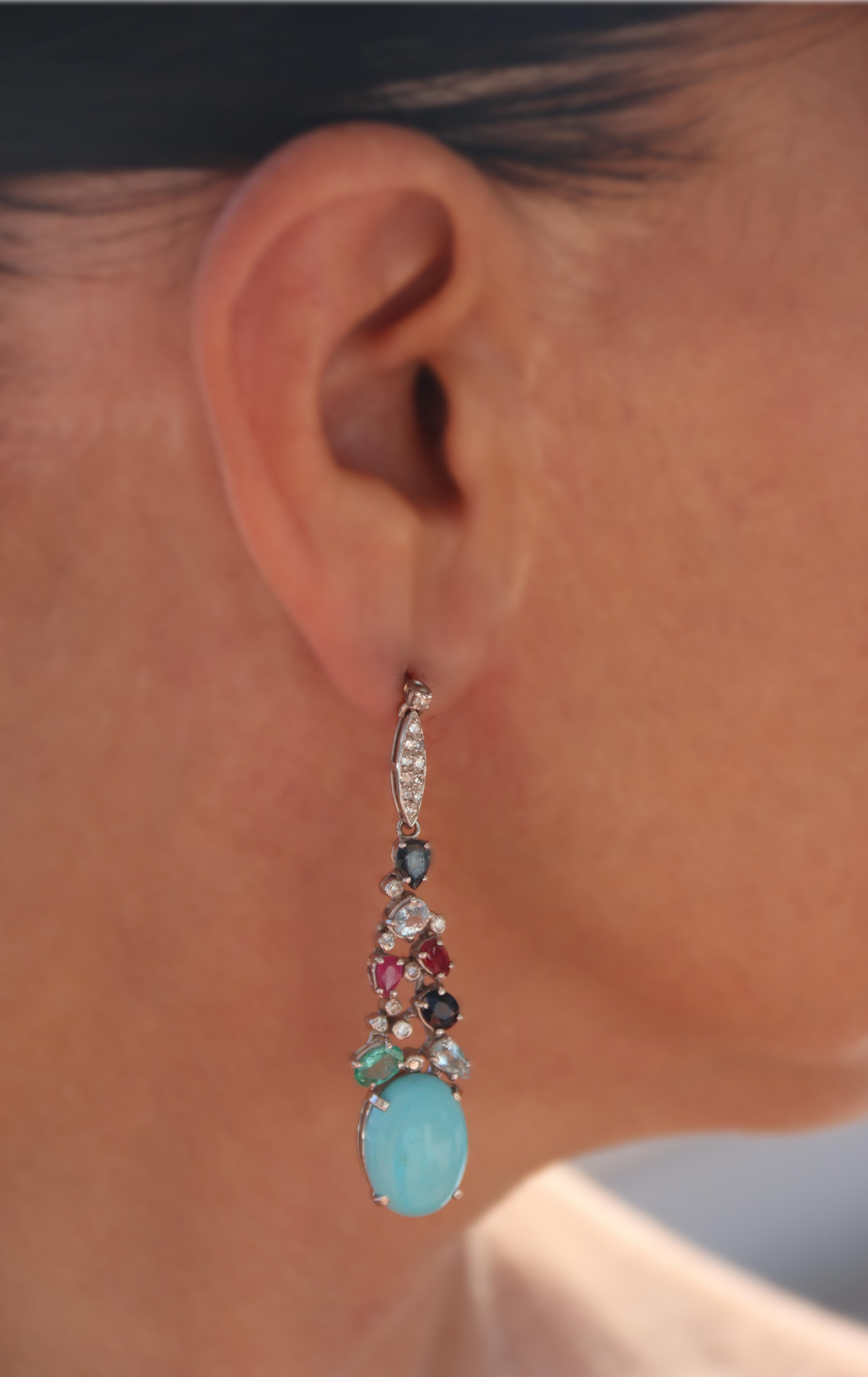 Women's Turquoise Diamonds Sapphires Emeralds Rubies 18 Karat White Gold Drop Earrings For Sale